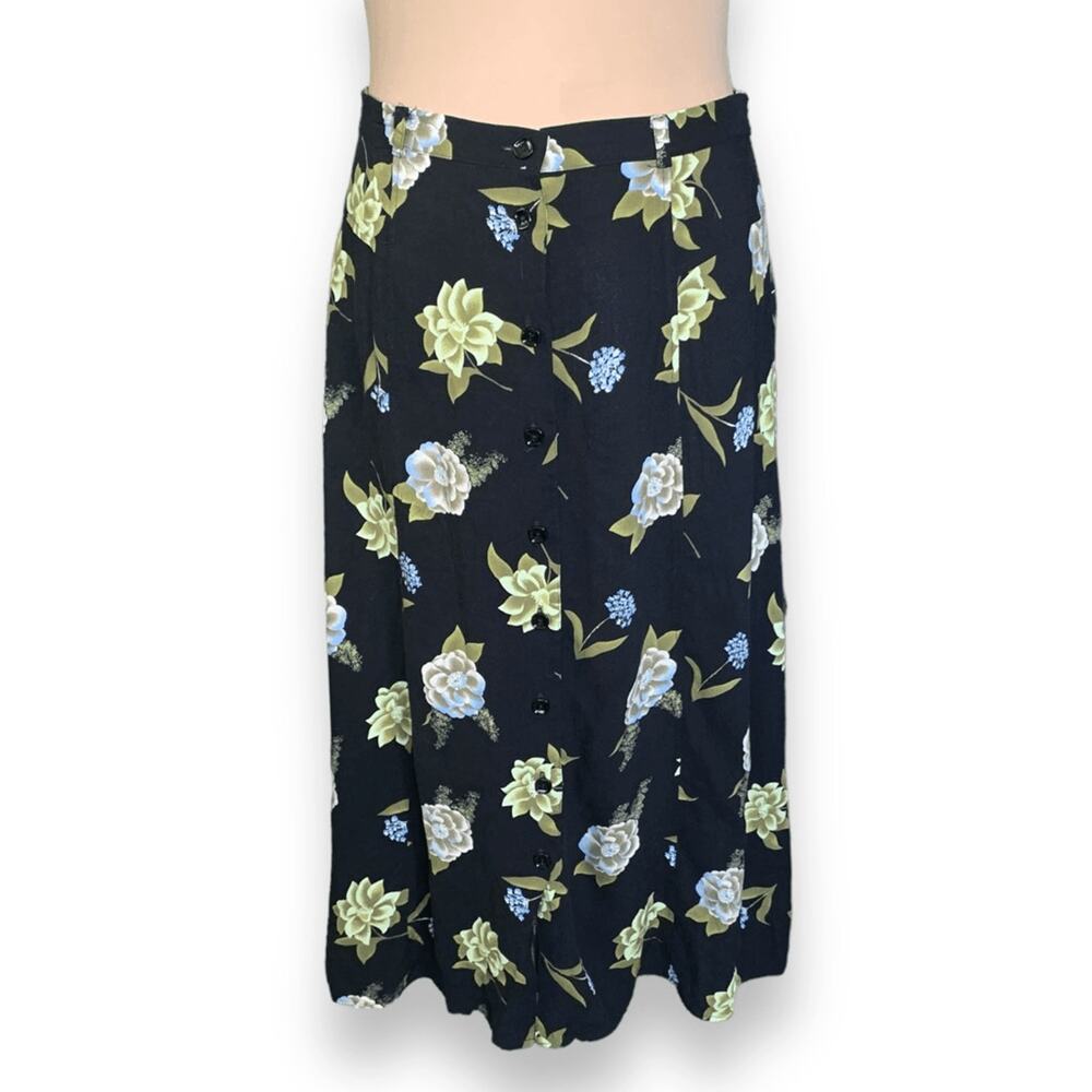 Vintage Black Floral Button Front Romantic Grunge Flowing Midi Skirt Cottage - Picture 1 of 9